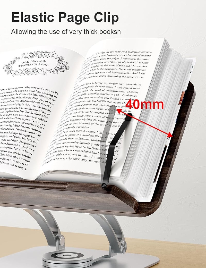 tounee Book Stand for Reading, Adjustable Book Holder with 360° Swivel Base, Foldable Cookbook Stand Recipe Holder with Elastic Page Clips for Music Scores, Recipe, Tablet, Laptop (SILVER) - Image 4