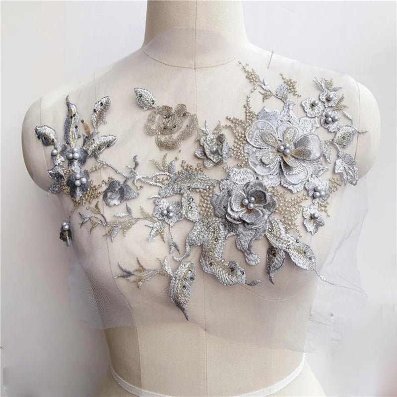 S.A.V.I 3D Floral Embroidered Applique Patch | Grey Silver & Gold Mesh Lace | 14.17x9.8 in (36x25 cm) | DIY Bridal, Lehenga, Saree, Blouse, Gown, Ethnic Wear & Craft Sewing Accessory - Image 5