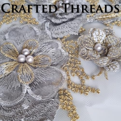 S.A.V.I 3D Floral Embroidered Applique Patch | Grey Silver & Gold Mesh Lace | 14.17x9.8 in (36x25 cm) | DIY Bridal, Lehenga, Saree, Blouse, Gown, Ethnic Wear & Craft Sewing Accessory - Image 4