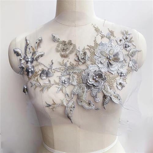 S.A.V.I 3D Floral Embroidered Applique Patch | Grey Silver & Gold Mesh Lace | 14.17x9.8 in (36x25 cm) | DIY Bridal, Lehenga, Saree, Blouse, Gown, Ethnic Wear & Craft Sewing Accessory - Image 1