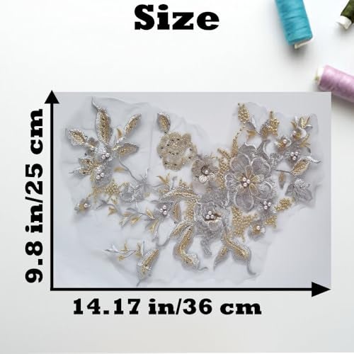 S.A.V.I 3D Floral Embroidered Applique Patch | Grey Silver & Gold Mesh Lace | 14.17x9.8 in (36x25 cm) | DIY Bridal, Lehenga, Saree, Blouse, Gown, Ethnic Wear & Craft Sewing Accessory - Image 2
