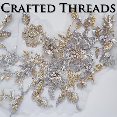 S.A.V.I 3D Floral Embroidered Applique Patch | Grey Silver & Gold Mesh Lace | 14.17x9.8 in (36x25 cm) | DIY Bridal, Lehenga, Saree, Blouse, Gown, Ethnic Wear & Craft Sewing Accessory - Image 3