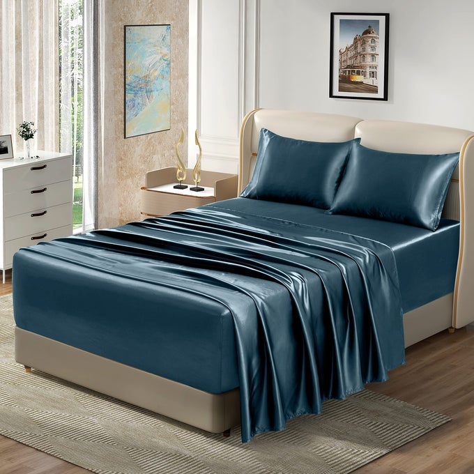 4PCS EXTRA DEEP POCKET SATIN SHEETS KING SIZE BED SET 1824 INCH DEEP POCKET BED SHEETS DEEP SEA BLUE SATIN SHEET SET SILKY SATIN BEDDING SET SOFT FITTED SHEET SET FITS ULTRA DEEP MATTRESS