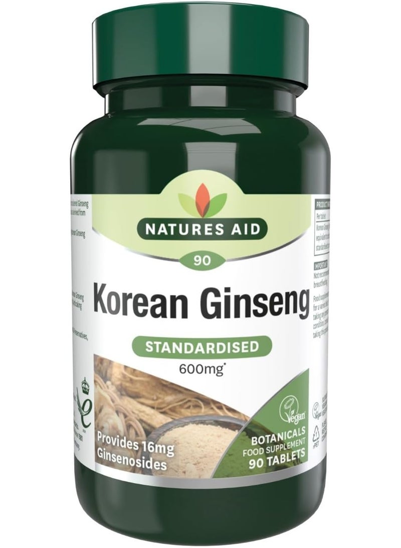 Natures Aid Korean Ginseng 600mg | Standardized To Provide 16mg Of Ginsenosides | For Brain Health | For Maintaining Good Health | Vegan | 90 Tablets