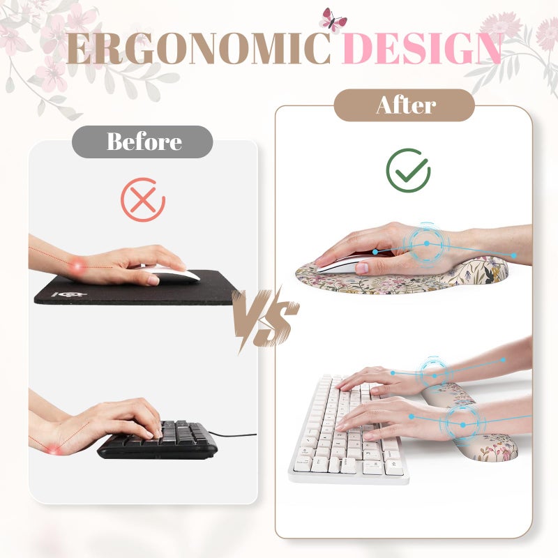 iCasso Desk Mat Set,Large Mouse Pad with Wrist Rest,Ergonomic Keyboard Wrist Support for Women,Girly Floral Computer Mat with Scalloped Edges,Non-Slip Desk Pad Home Office Gaming (Beige) - Image 3