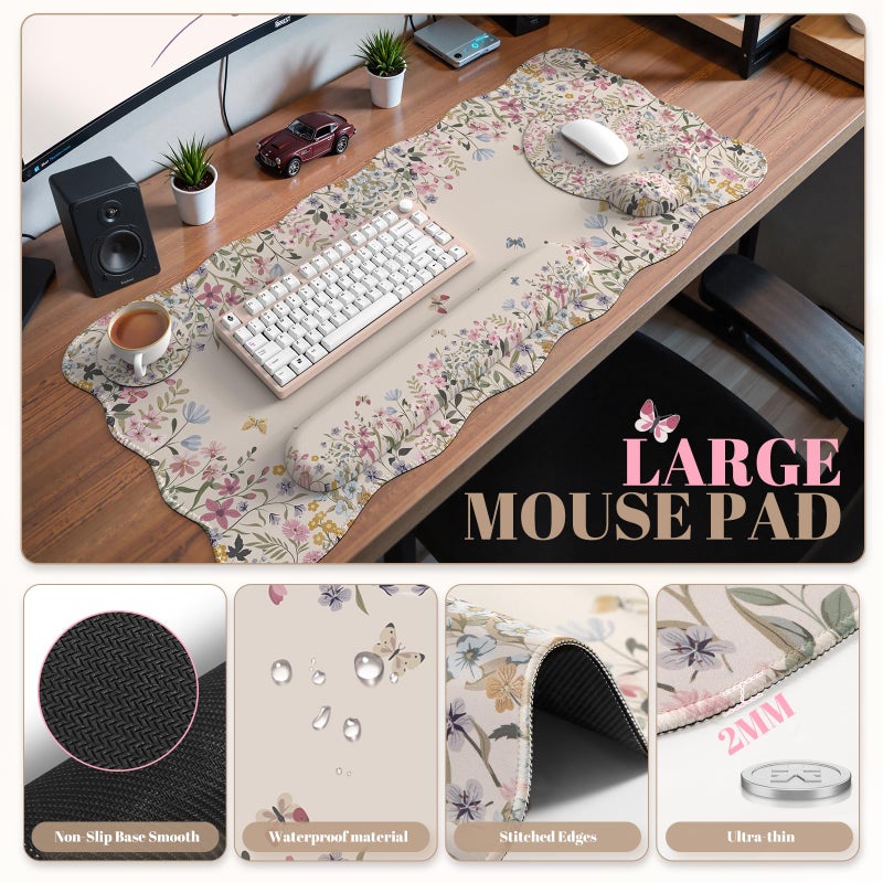 iCasso Desk Mat Set,Large Mouse Pad with Wrist Rest,Ergonomic Keyboard Wrist Support for Women,Girly Floral Computer Mat with Scalloped Edges,Non-Slip Desk Pad Home Office Gaming (Beige) - Image 2