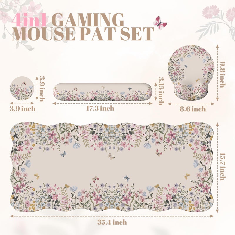 iCasso Desk Mat Set,Large Mouse Pad with Wrist Rest,Ergonomic Keyboard Wrist Support for Women,Girly Floral Computer Mat with Scalloped Edges,Non-Slip Desk Pad Home Office Gaming (Beige) - Image 5
