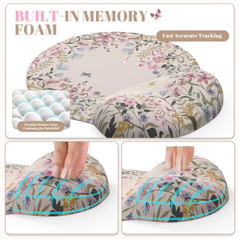 iCasso Desk Mat Set,Large Mouse Pad with Wrist Rest,Ergonomic Keyboard Wrist Support for Women,Girly Floral Computer Mat with Scalloped Edges,Non-Slip Desk Pad Home Office Gaming (Beige) - Image 4