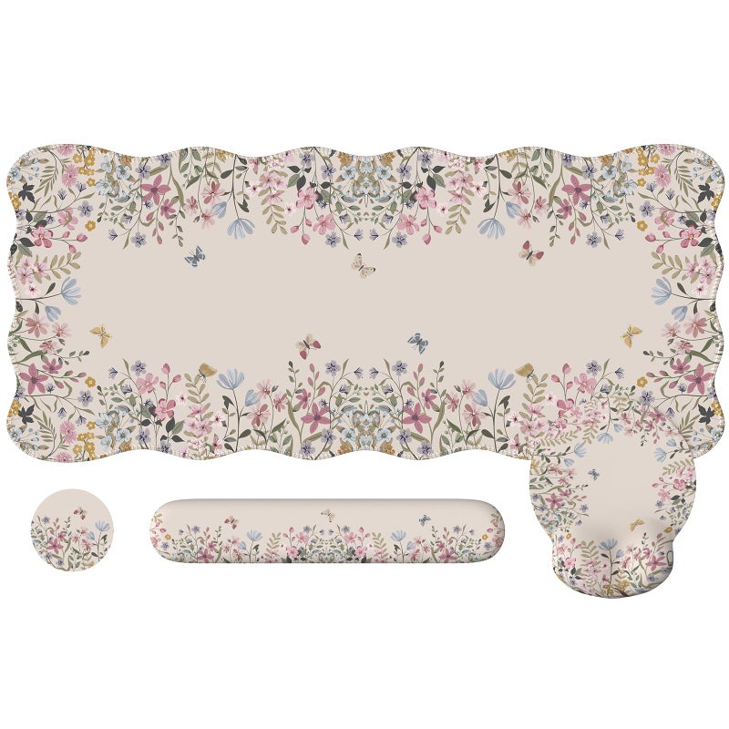 iCasso Desk Mat Set,Large Mouse Pad with Wrist Rest,Ergonomic Keyboard Wrist Support for Women,Girly Floral Computer Mat with Scalloped Edges,Non-Slip Desk Pad Home Office Gaming (Beige) - Image 1