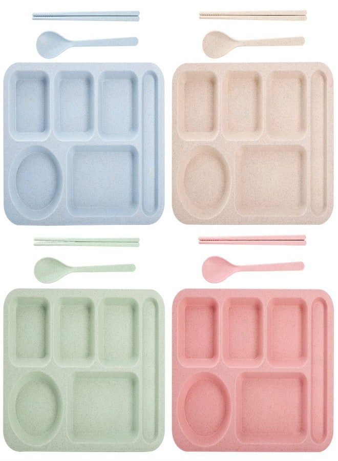 TOPZEA 4 Pack Unbreakable Divided Plates, 6 Compartments Wheat Straw Sectional Dinner Plates Portion Control Plate Plastic Cafeteria School Lunch Tray for Adult, Microwave & Dishwasher Safe,14"x10.5" - Image 1