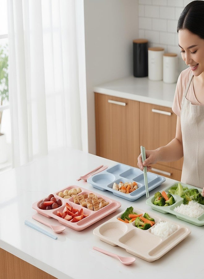 TOPZEA 4 Pack Unbreakable Divided Plates, 6 Compartments Wheat Straw Sectional Dinner Plates Portion Control Plate Plastic Cafeteria School Lunch Tray for Adult, Microwave & Dishwasher Safe,14"x10.5" - Image 4