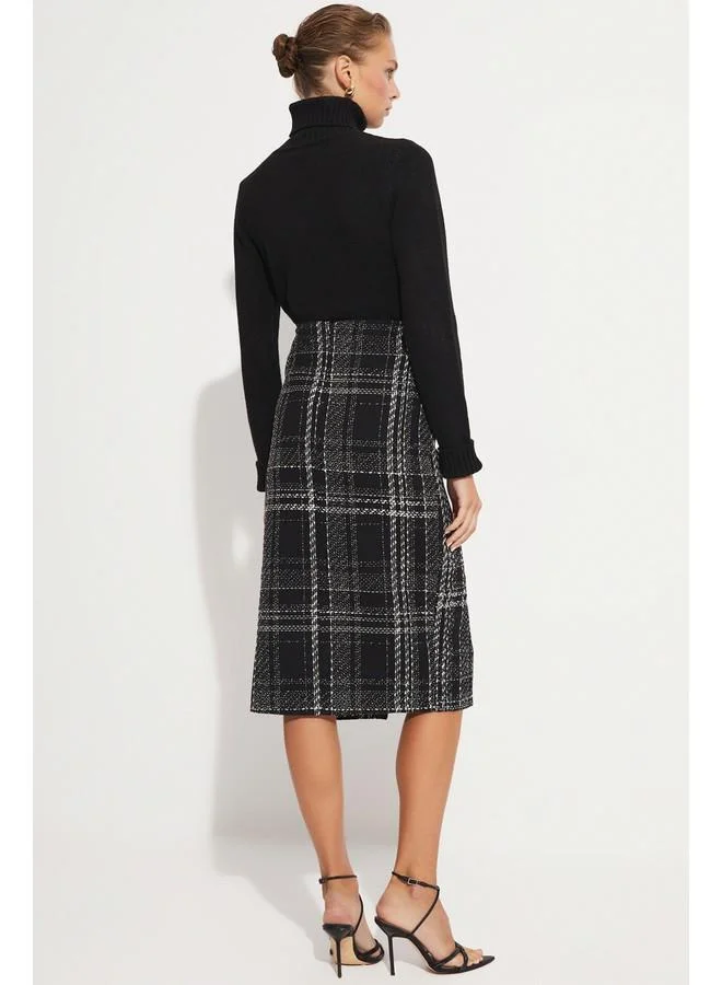 JUNE June Women Fitted Plaid Patterned Button Detailed Midi Pencil Skirt Black