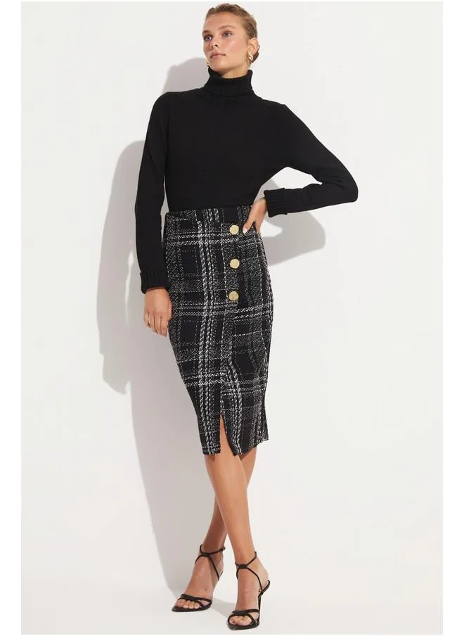 جون June Women Fitted Plaid Patterned Button Detailed Midi Pencil Skirt Black