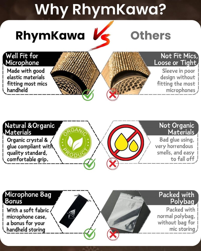 RhymKawa Bedazzled Rhinestones Wireless Microphone Cover Bling for Universal Cordless Mic Beta 58a SM58 Beta87 PG58 Handle Replacement, Eyes Catching for Event Party, Champagne Gold - Image 5