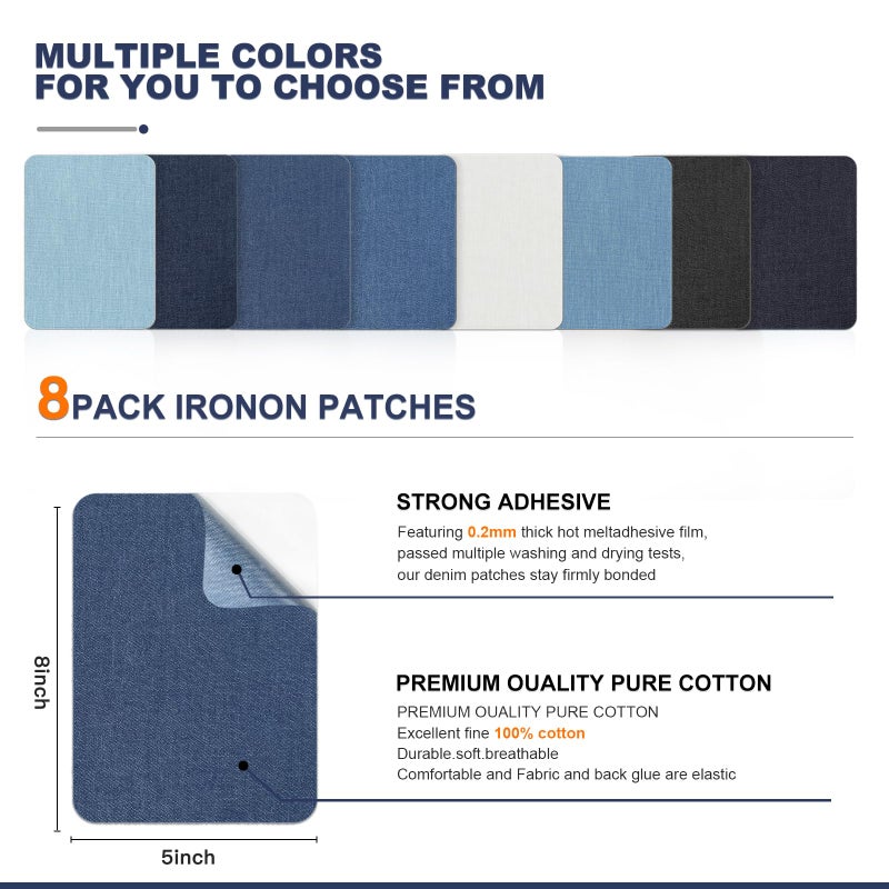 Azobur Iron on Patches for Clothing Repair, 8 Pcs Jean Patches for Inside and Outside, Sew on Iron on Denim Patches for Jeans Kits 5"x 8"ï¼ˆEight Colorsï¼‰ - Image 2