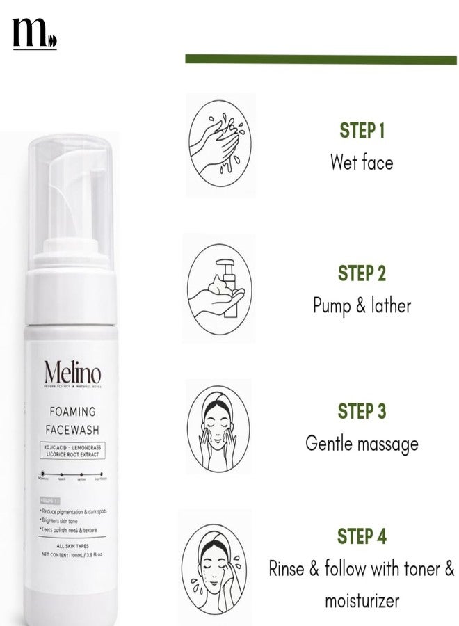 Melino Face Wash for Pigmentation & Dark Spots | Kojic Acid, Lemongrass, Licorice Root (Mulethi) Extract | Dark spots, Brightening, Even Skin Tone & Glow | All Skin Types - Dry, Sensitive, Oily and Combination | For Women & Men | 100ml - Image 5