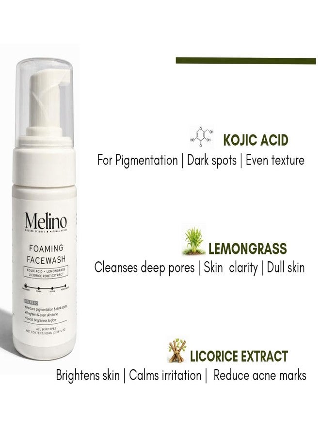 Melino Face Wash for Pigmentation & Dark Spots | Kojic Acid, Lemongrass, Licorice Root (Mulethi) Extract | Dark spots, Brightening, Even Skin Tone & Glow | All Skin Types - Dry, Sensitive, Oily and Combination | For Women & Men | 100ml - Image 3