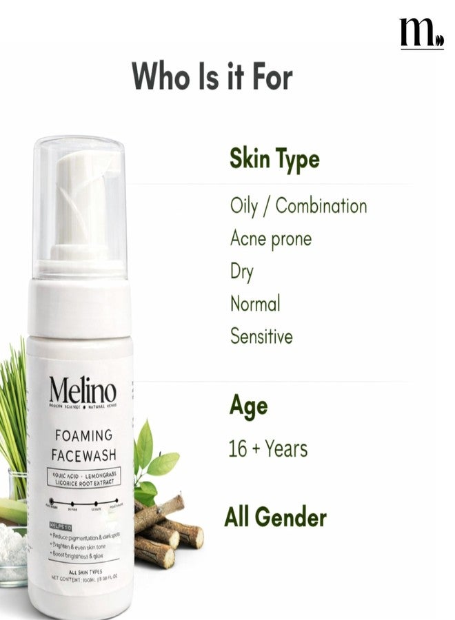 Melino Face Wash for Pigmentation & Dark Spots | Kojic Acid, Lemongrass, Licorice Root (Mulethi) Extract | Dark spots, Brightening, Even Skin Tone & Glow | All Skin Types - Dry, Sensitive, Oily and Combination | For Women & Men | 100ml - Image 4