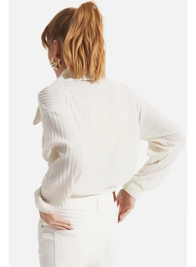 JUNE June Women Regular Fit Polo Neck Zipper Detailed Blouse Ecru