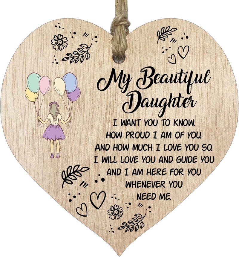Stuff4 Beautiful Daughter Hanging Wooden Heart Sign Plaque Daughter Gifts from Mom Dad  Light Wood Hearts Sign Womens Gifts Daughter Gifts from Parents Inspirational Christmas Birthday Present - Image 1