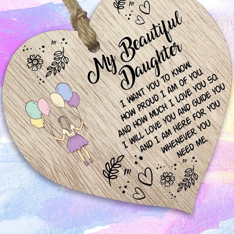 Stuff4 Beautiful Daughter Hanging Wooden Heart Sign Plaque Daughter Gifts from Mom Dad  Light Wood Hearts Sign Womens Gifts Daughter Gifts from Parents Inspirational Christmas Birthday Present - Image 2