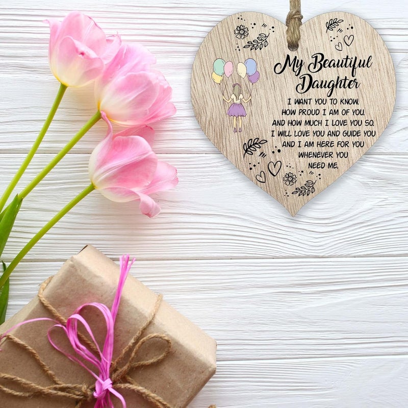 Stuff4 Beautiful Daughter Hanging Wooden Heart Sign Plaque Daughter Gifts from Mom Dad  Light Wood Hearts Sign Womens Gifts Daughter Gifts from Parents Inspirational Christmas Birthday Present - Image 5