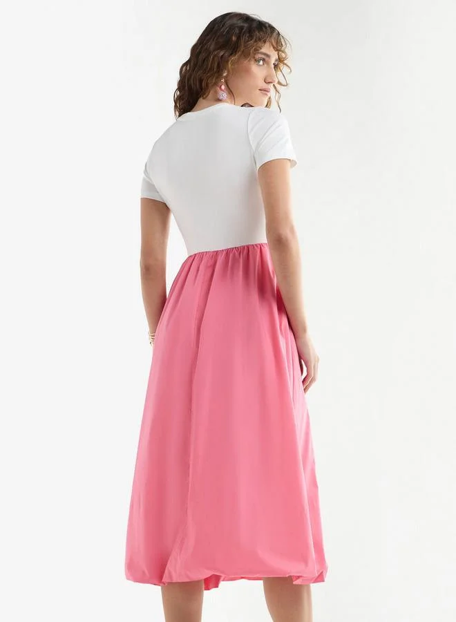 Splash FAV Colourblock A-line Dress with Round Neck and Short Sleeves