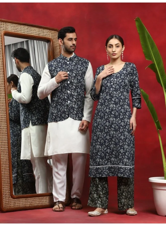 أيه كيه إس Navy Blue Kantha Work Kurta With Palazzo