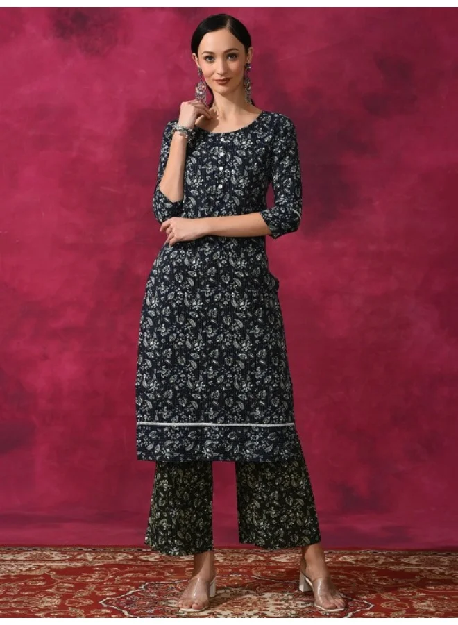 أيه كيه إس Navy Blue Kantha Work Kurta With Palazzo