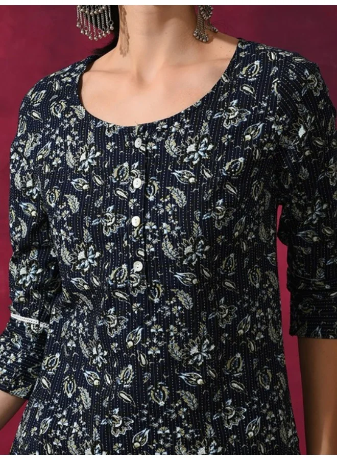 أيه كيه إس Navy Blue Kantha Work Kurta With Palazzo