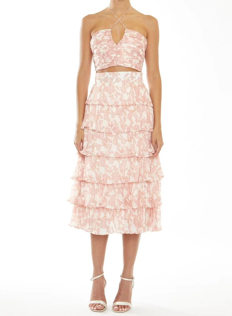 ترو ديكادينس Zara Co-Ord Cream-Pink Outline Flower Ruched Halterneck Crop-Top