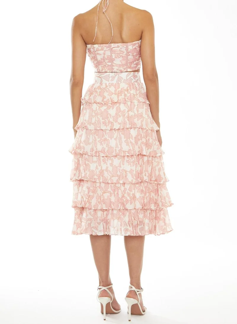 ترو ديكادينس Zara Co-Ord Cream-Pink Outline Flower Ruched Halterneck Crop-Top