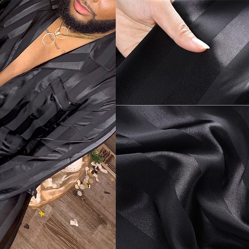 Lonxu Mens Silk Satin Pajamas Set Sleepwear Loungewear Black L - Image 3