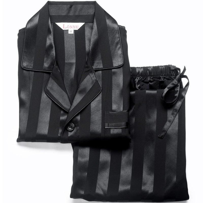Lonxu Mens Silk Satin Pajamas Set Sleepwear Loungewear Black L - Image 4