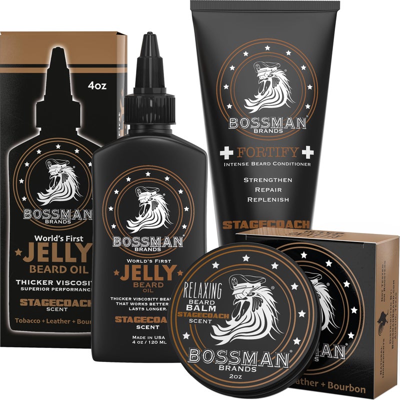 Bossman Essentials Beard Kit for Men, Set of 3 - Beard Oil Jelly, Fortifying Conditioner Cream, Beard Balm - Grooming Growth Care Accessories - Gift Set for Men (Stagecoach) - Image 1