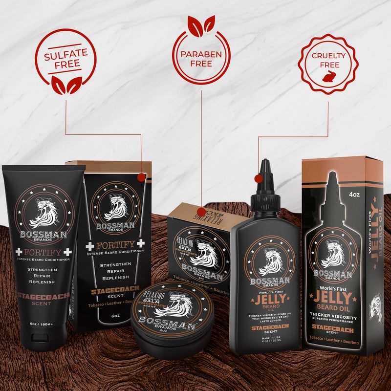 Bossman Essentials Beard Kit for Men, Set of 3 - Beard Oil Jelly, Fortifying Conditioner Cream, Beard Balm - Grooming Growth Care Accessories - Gift Set for Men (Stagecoach) - Image 4