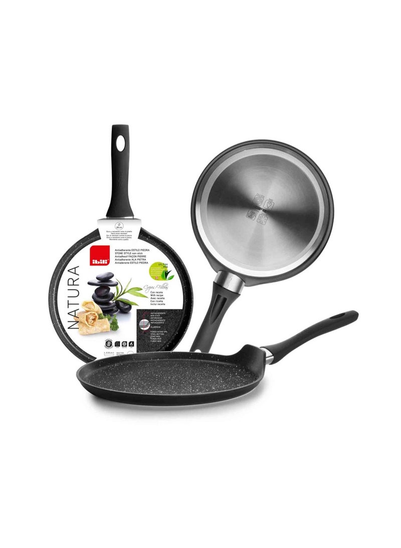 ibili مقلاة ناتورا كريب، متوافقة مع الحث، مصنوعة من الألمنيوم، مقلاة بان كيك، طلاء حجري خالي من PFOA، مقاومة للخدش، أواني طهي متينة، موفرة للطاقة، مقبض مريح، مناسبة للغاز والكهرباء والسيراميك
