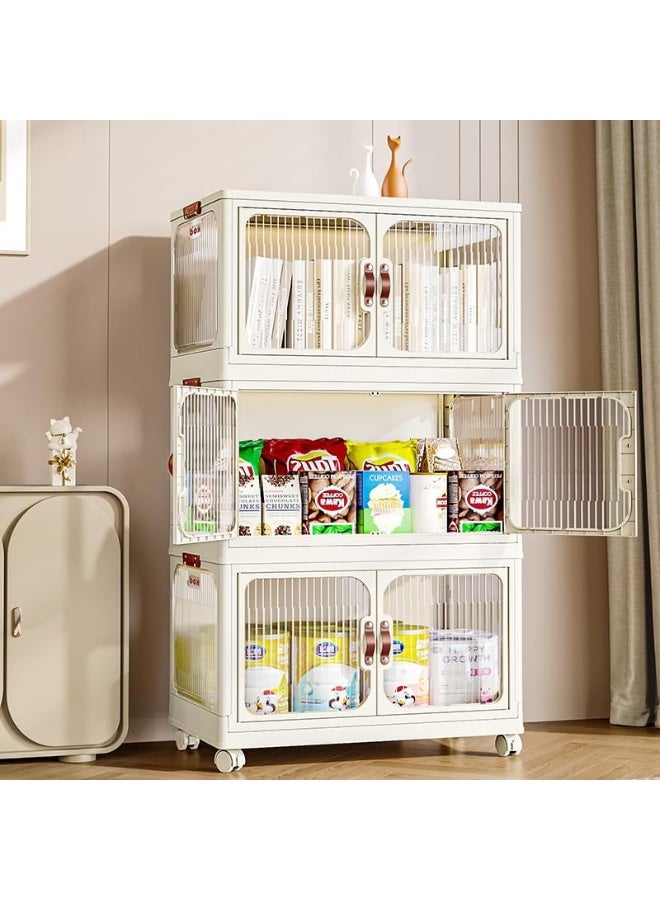 MOMENT 3 Layer Storage Cabinet With Doors, Stackable Plastic Storage Bins With Lid And Wheels, Durable And Spacious Multi-Purpose Cabinet For Home, Office, Or Kitchen (White, 53X32X88Cm) - Image 2