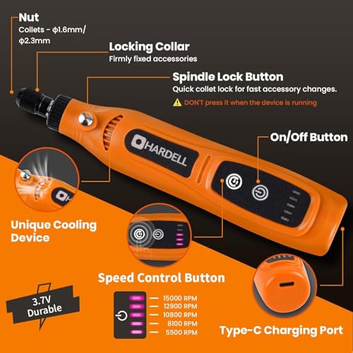HARDELL Mini Cordless Rotary Tool 3.7V, 5-Speed Rotary Tool Kit with 43 Accessories,Type-C Charging Power Rotary Tool for Engraving, Sanding, Polishing, Drilling, Grinding, Small DIY Crafts - Image 4