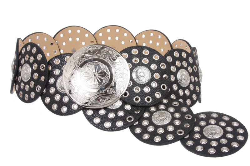 Beltiscool Women's 3 1/2" (90 mm) Wide Boho Disc Concho Leather Belt, Black | s - 39" (99 cm) end-to-end - Image 4