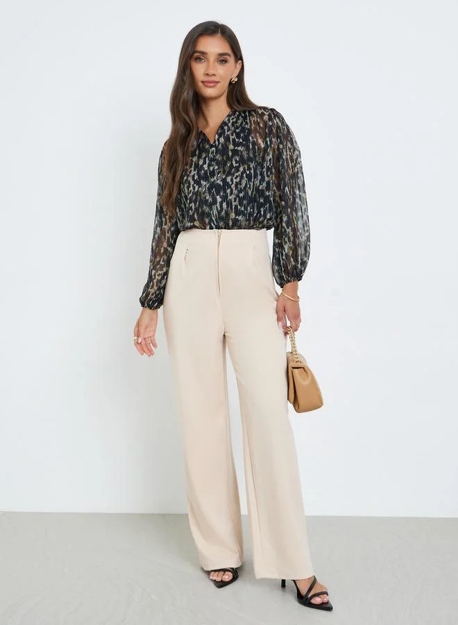 Styli Black Print Sheer Balloon Sleeves Blouse