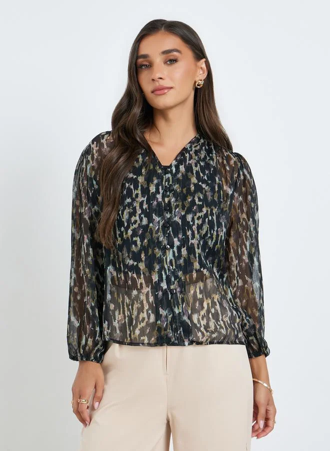 Styli Black Print Sheer Balloon Sleeves Blouse