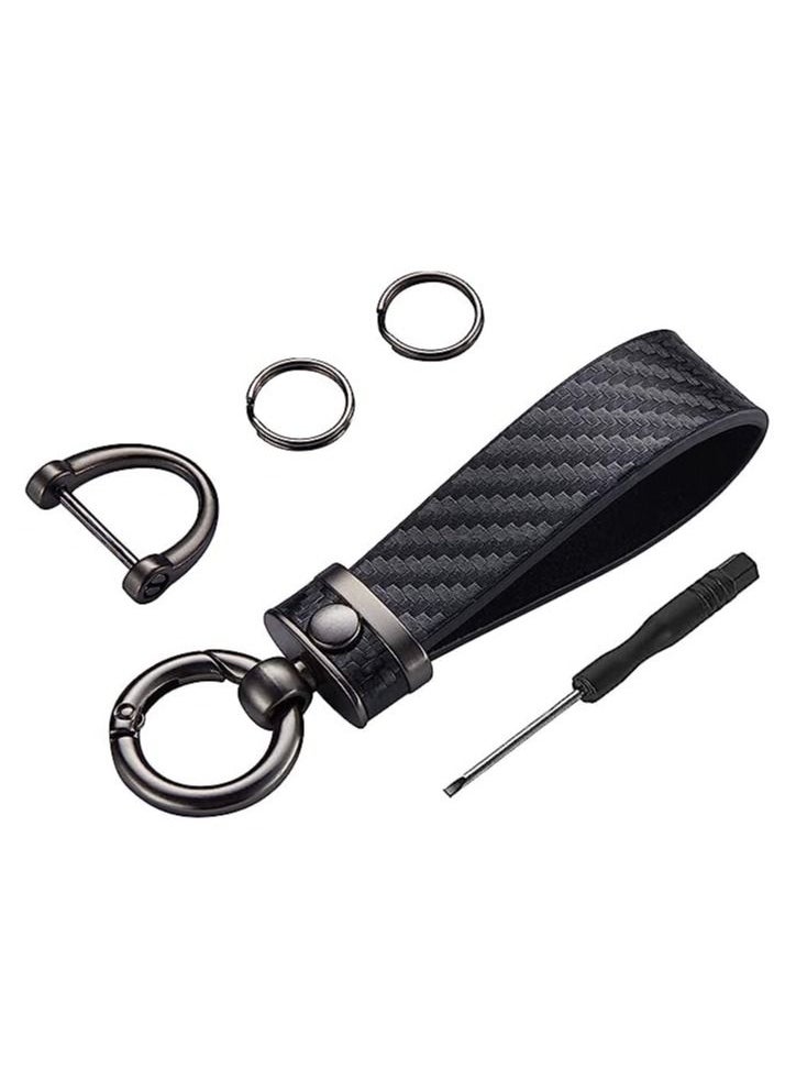 RATSAW Carbon Fiber Style Leather Car Key chain Manual Leather Rust Resistant Alloy 360 Degree Rotatable with Anti Lost D Ring Black  - Image 1