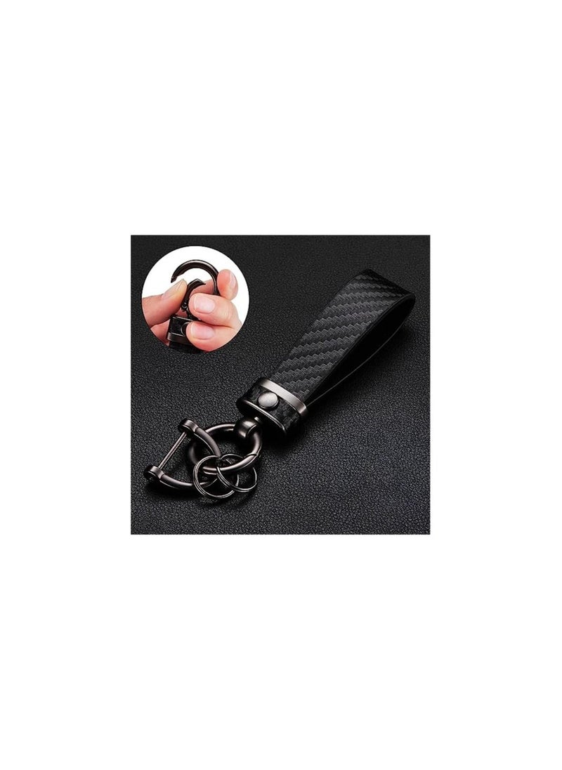 RATSAW Carbon Fiber Style Leather Car Key chain Manual Leather Rust Resistant Alloy 360 Degree Rotatable with Anti Lost D Ring Black  - Image 3