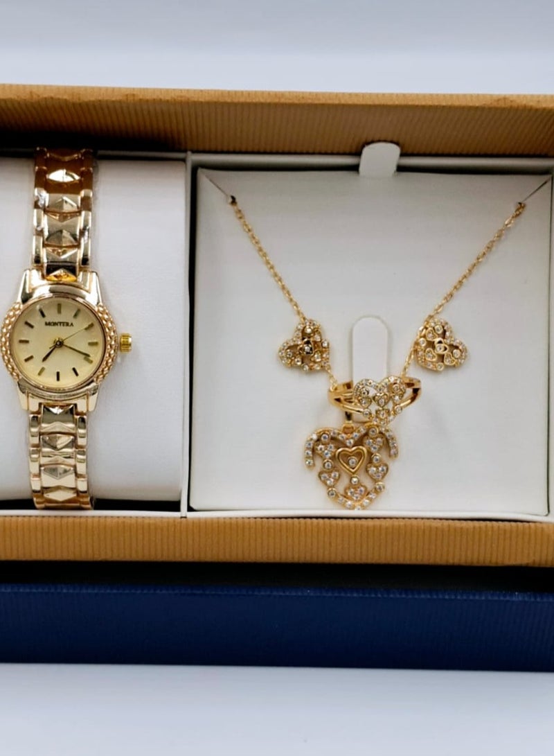 مونتيرا طقم ساعة يد بعقارب وطقم مكون من السلسال والحلق والخاتم للنساء