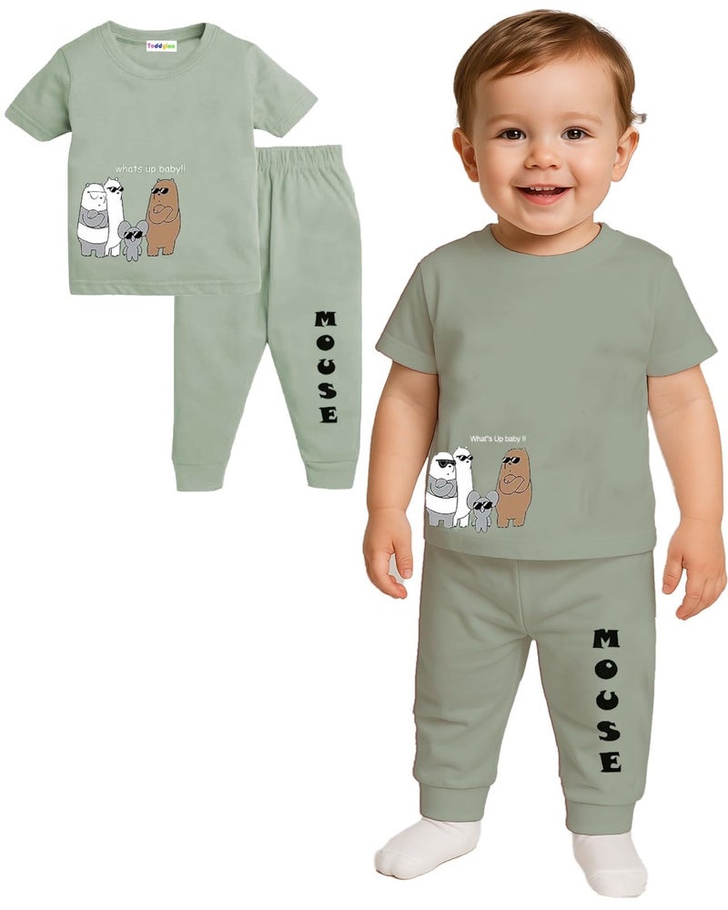 Toddylon Kids Co-Ord Set Cotton | Kid Boys & Girls T-Shirts and Pyjamas Sets | Toddlers Tracksuit | Infant T-Shirt & Pajama Lower | Tshirt & Jogger Set | Baby Boy Girl Casual Clothing Set Green - Image 1