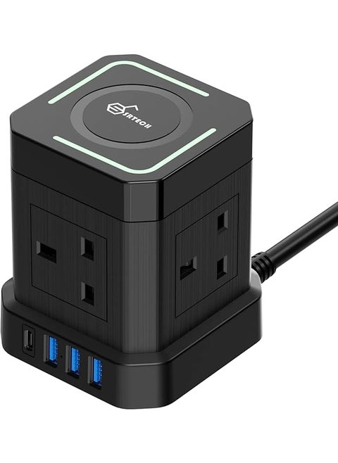 SRTECH 4-in-1 Power Strip With Wireless Charger - Extension Cord with USB-C Adapter, Plug Tower, Multi-Cable Socket Strip, Multiplug Board, Electric Lead for Home, Office and Gadgets