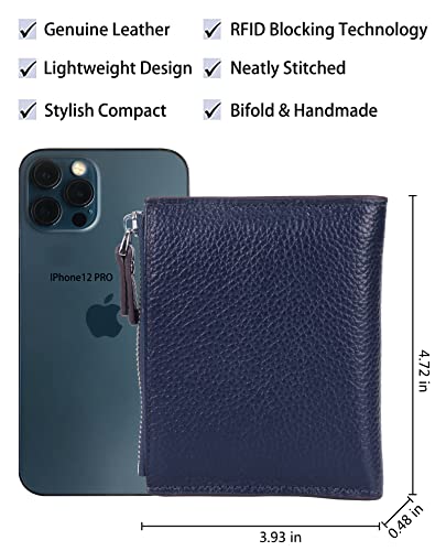 AINIMOER Women's RFID Blocking Leather Small Compact Bi-fold Zipper Pocket Wallet Card Case Purse with id Window (Lichee Navy Blue) - Image 4