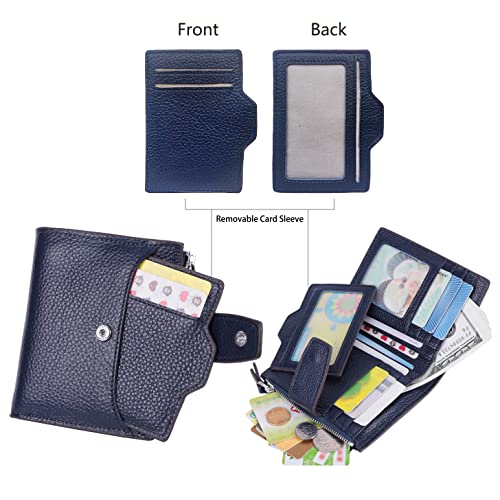 AINIMOER Women's RFID Blocking Leather Small Compact Bi-fold Zipper Pocket Wallet Card Case Purse with id Window (Lichee Navy Blue) - Image 3