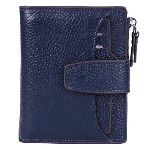 AINIMOER Women's RFID Blocking Leather Small Compact Bi-fold Zipper Pocket Wallet Card Case Purse with id Window (Lichee Navy Blue) - Image 1